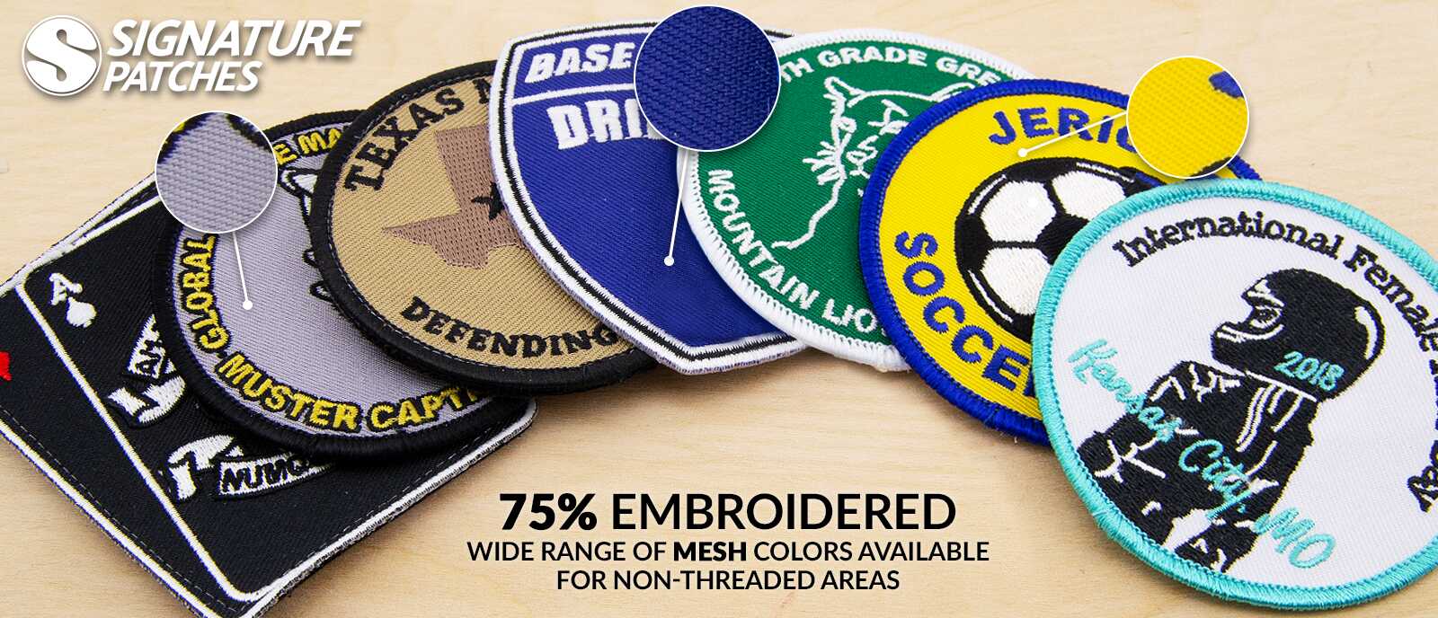 75% embroidered badge patches with detailed text and emblem designs