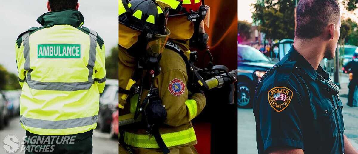 Shield and star-shaped badge patches for security and first responder uniforms