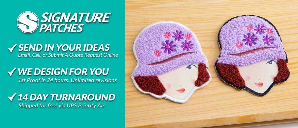 Chenille patches of girl with floral hat and Signature Patches ordering process