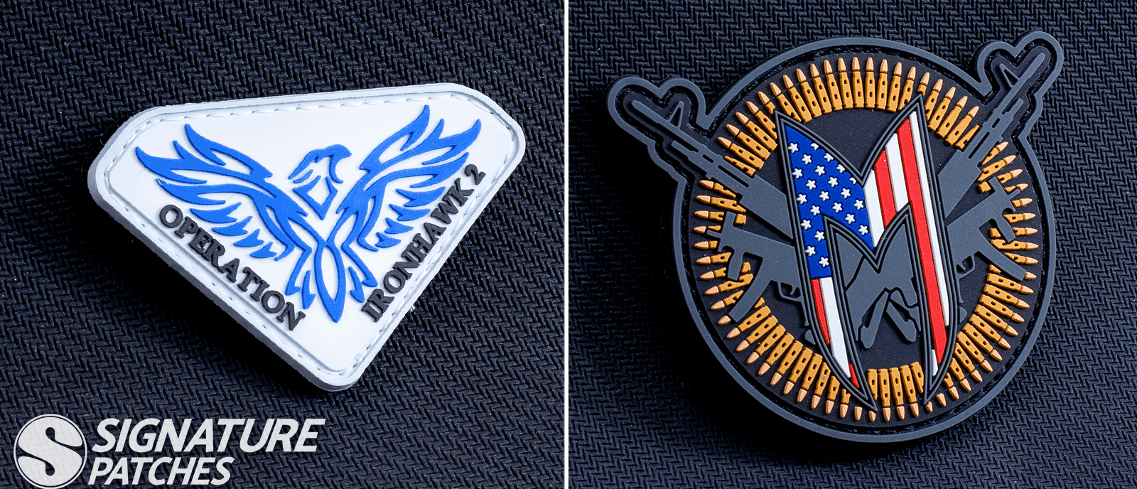 Collection of custom hat patches with various designs for caps and beanies