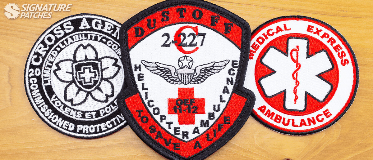 Emergency and medical safety patches including Cross Agency, Dustoff helicopter ambulance, and Medical Express