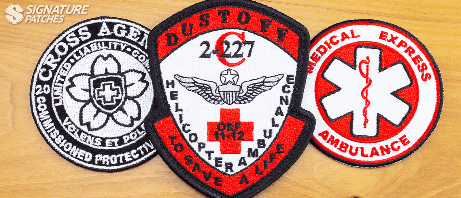 Emergency and medical safety patches including Cross Agency, Dustoff helicopter ambulance, and Medical Express