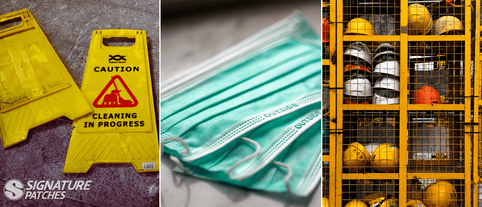 Workplace safety imagery with caution sign, masks, and hard hats