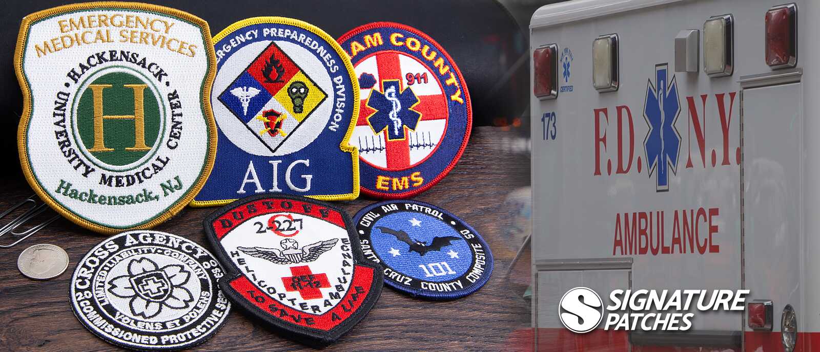 EMS and firefighter patches with Star of Life and emergency response emblems