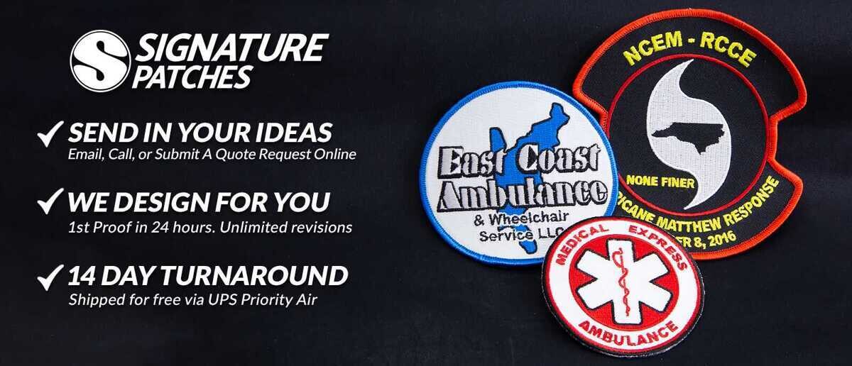 Finished firefighter and EMS patches showing embroidered detail and quality craftsmanship