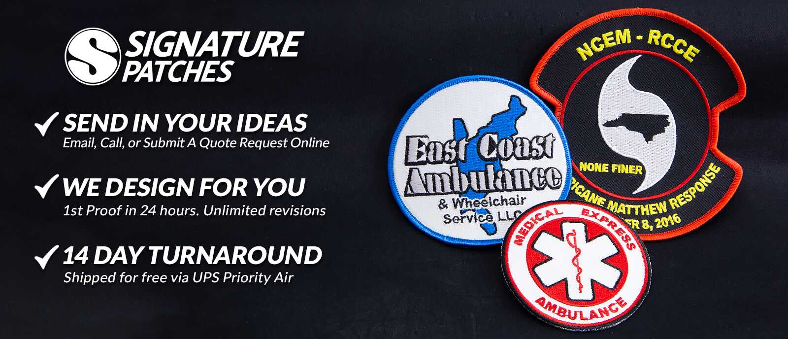 Finished firefighter and EMS patches showing embroidered detail and quality craftsmanship