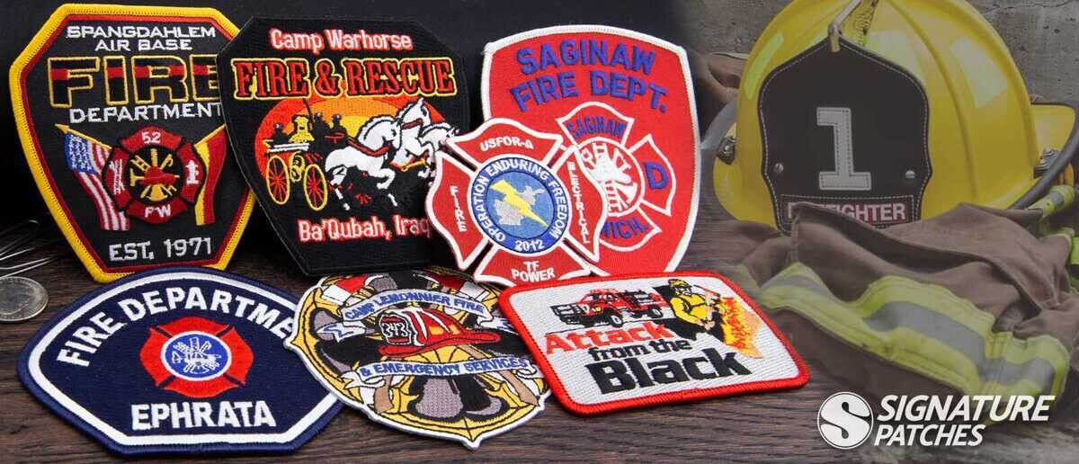Custom firefighter patches with Florian cross and fire department emblems