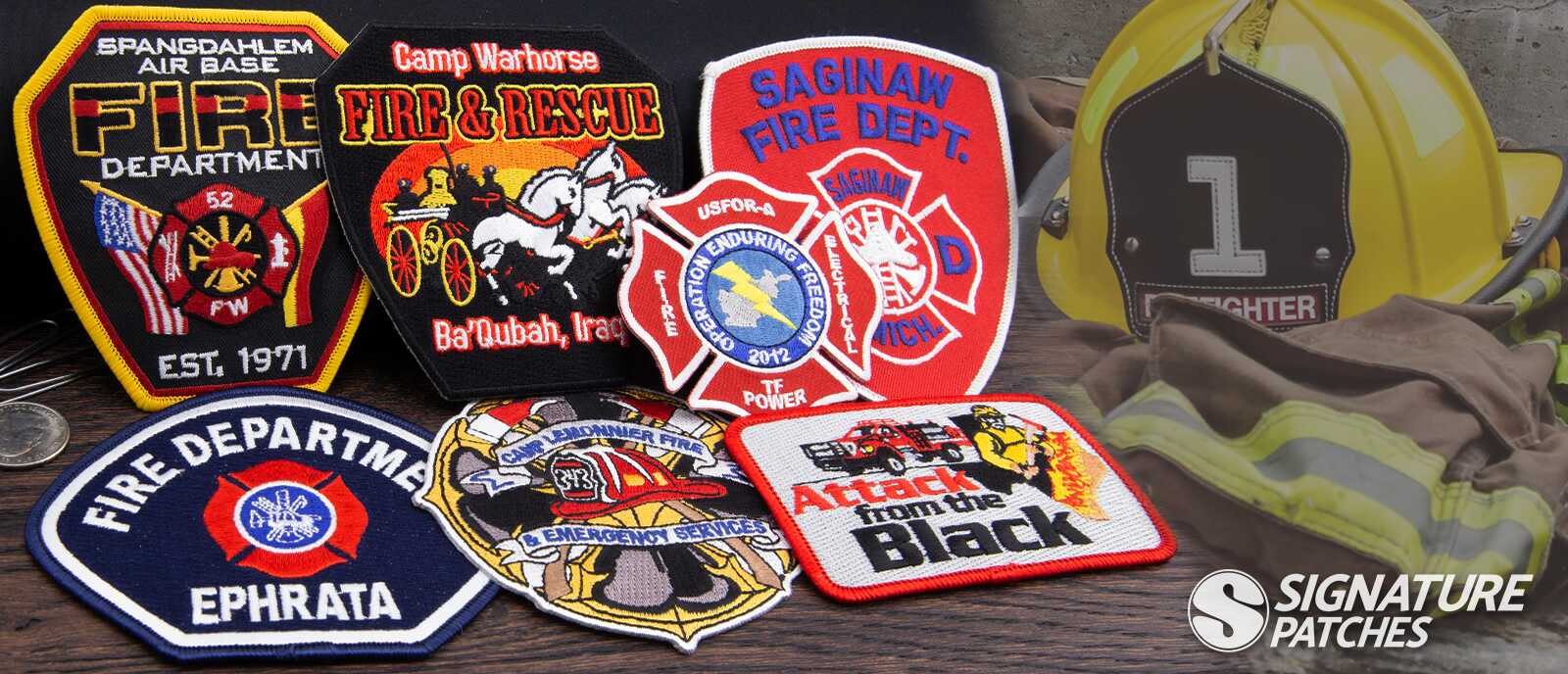 Custom firefighter patches with Florian cross and fire department emblems