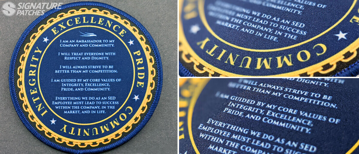 Employee recognition heat transfer patch showing Excellence, Integrity, Pride, and Community core values with detail closeups