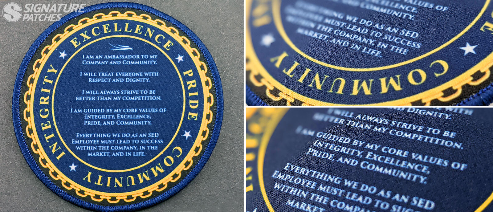 Employee recognition heat transfer patch showing Excellence, Integrity, Pride, and Community core values with detail closeups