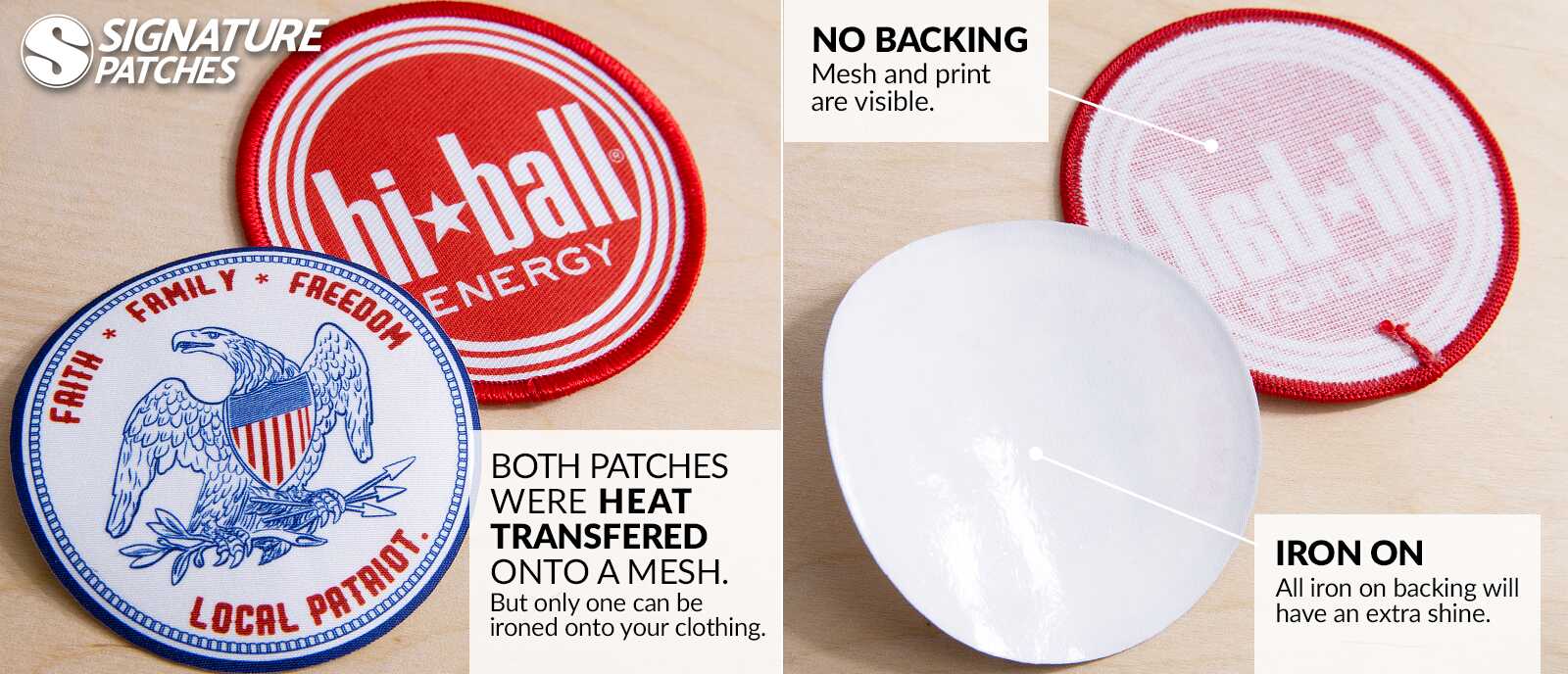 Heat transfer patches showing backing options with iron-on versus no backing comparison