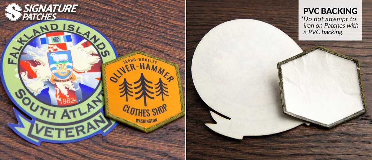Printed patches including Falkland Islands Veteran and Oliver-Hammer with PVC backing demonstration