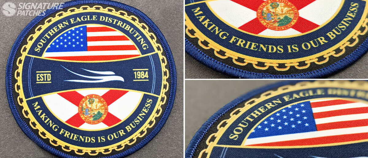 Southern Eagle Distributing heat transfer patch with American and Florida flags showing print detail