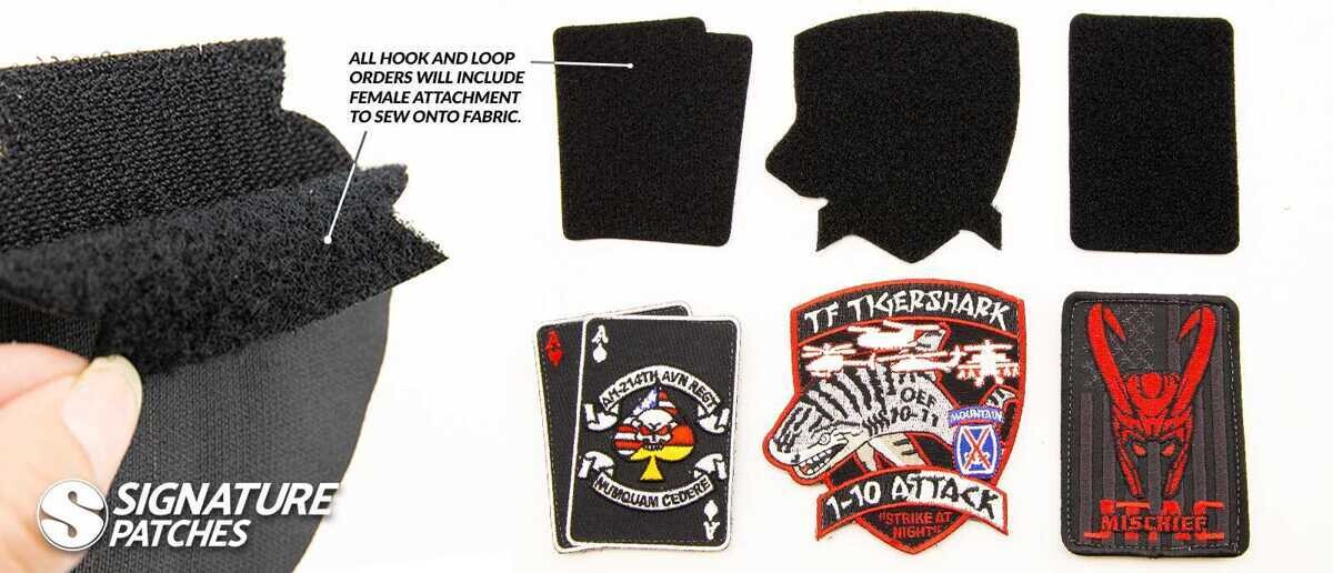 Hook and loop backing system with military patches showing attachment pieces