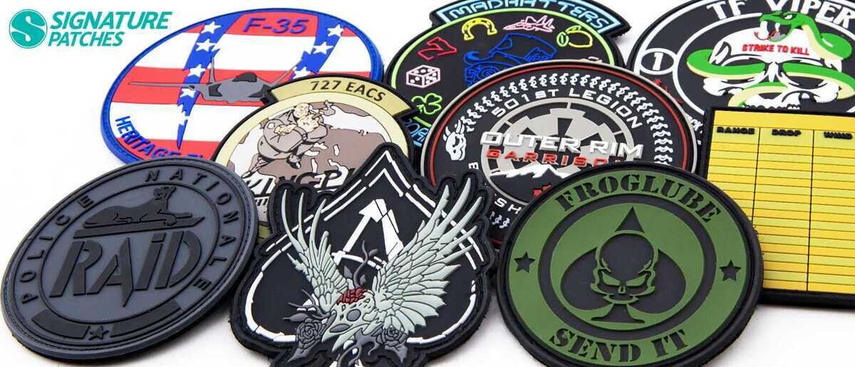 Collection of PVC hook and loop patches including military, gaming, and morale designs