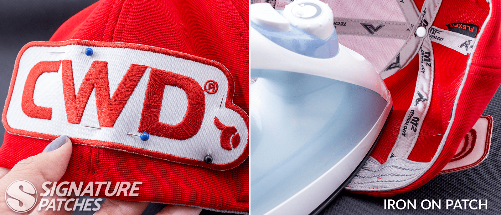 Custom iron on patches designed for hats with logo and text designs