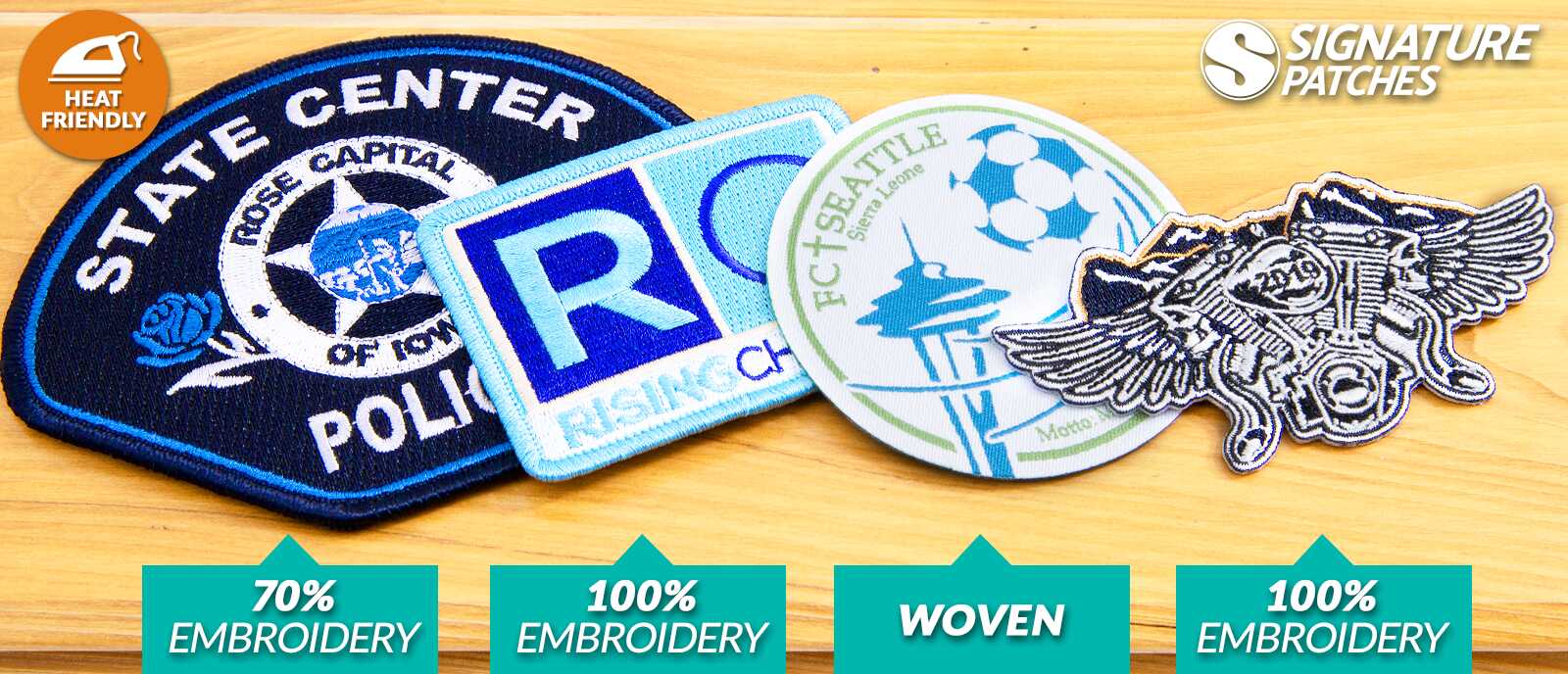 Iron on patches displayed showing adhesive backing ready for heat application