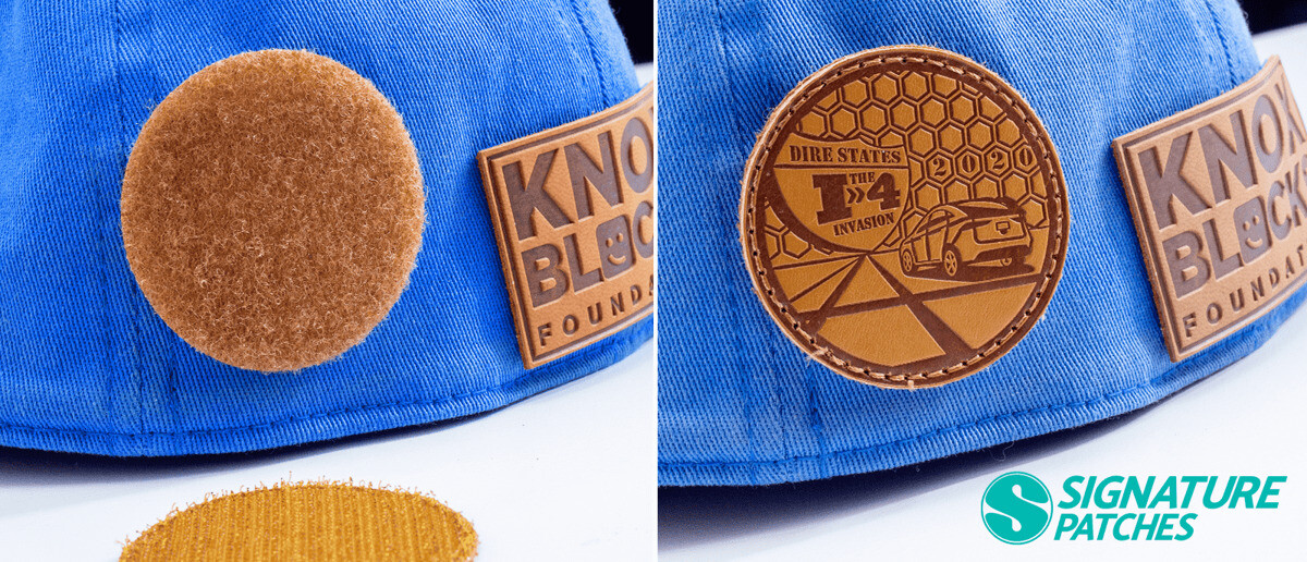 Collection of custom leather patches with various shapes and embossed artwork