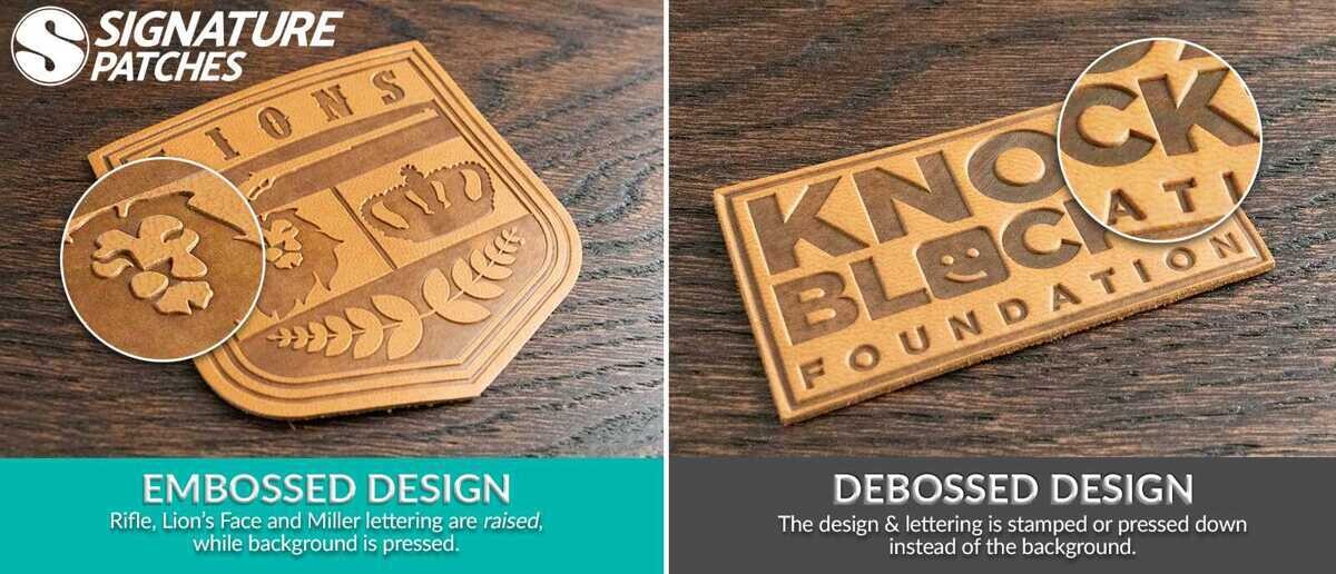 Custom leather patches with embossed designs showing classic rugged aesthetic