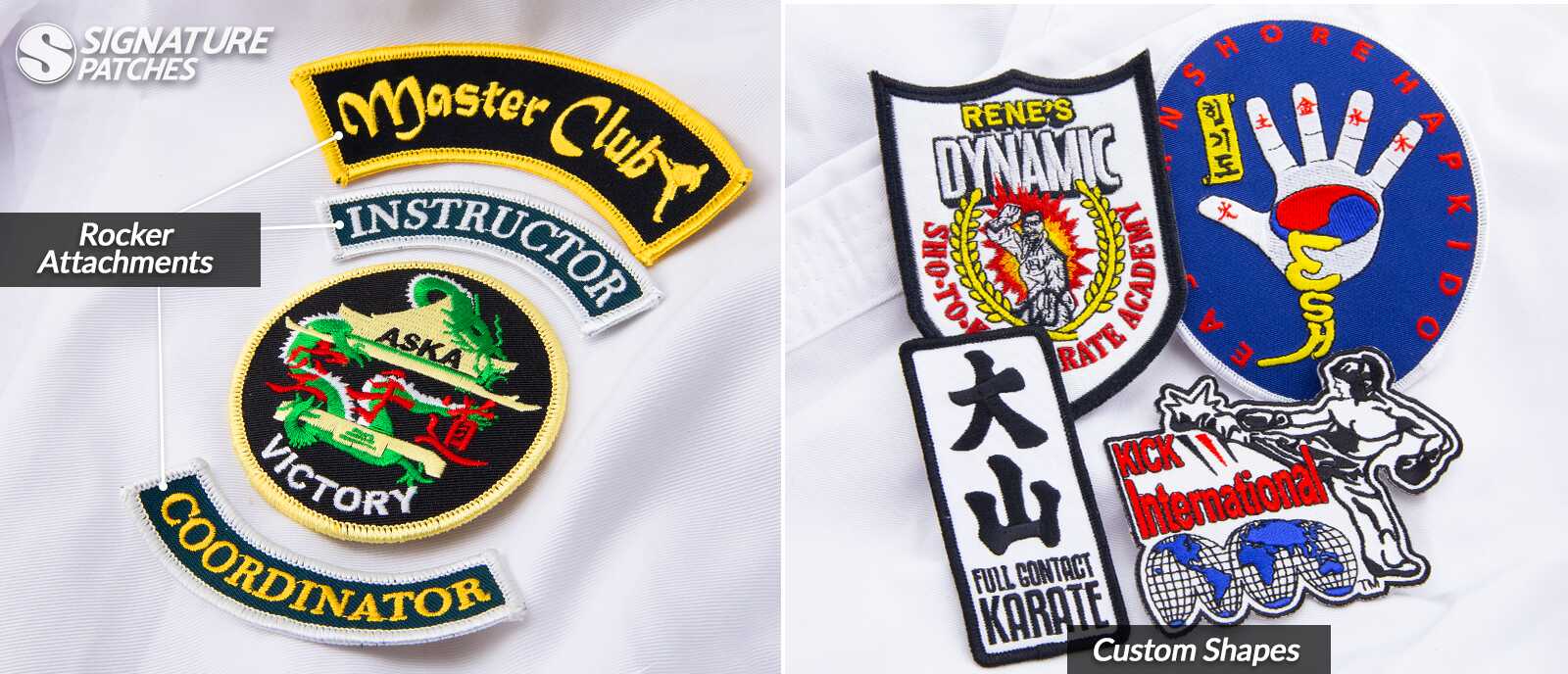BJJ and martial arts gi patches with rocker designs and academy names