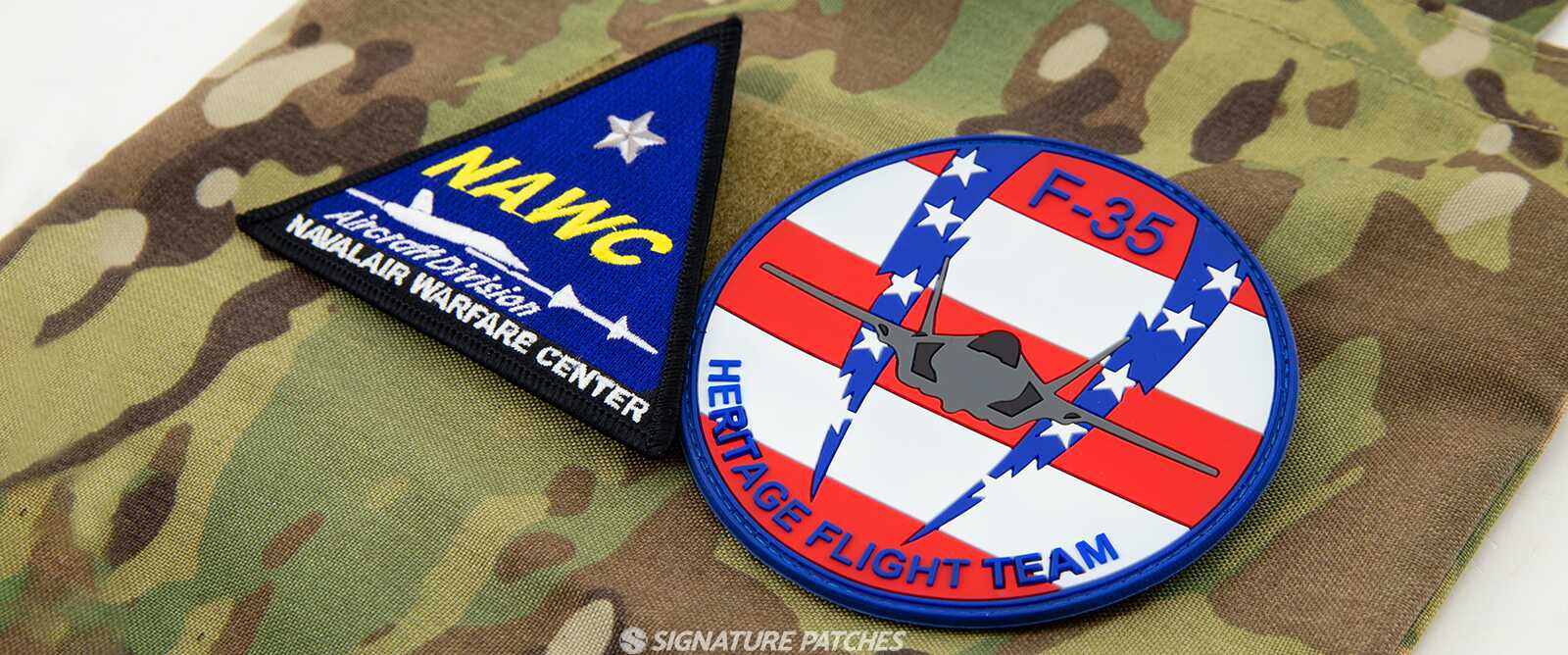 Custom military patches including unit insignias, command patches, and flag patches
