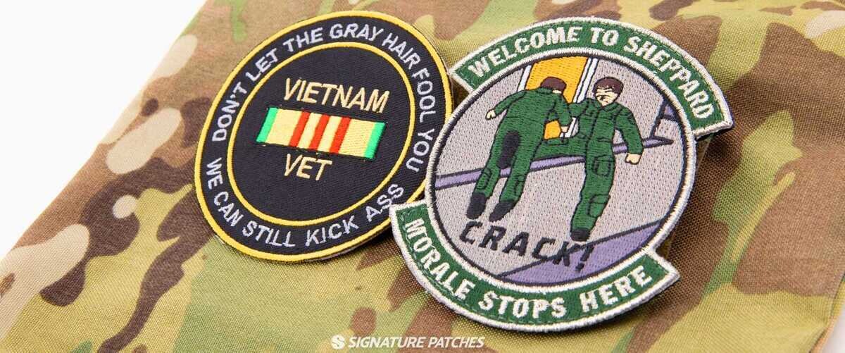 Custom morale patches with humorous designs and pop culture references