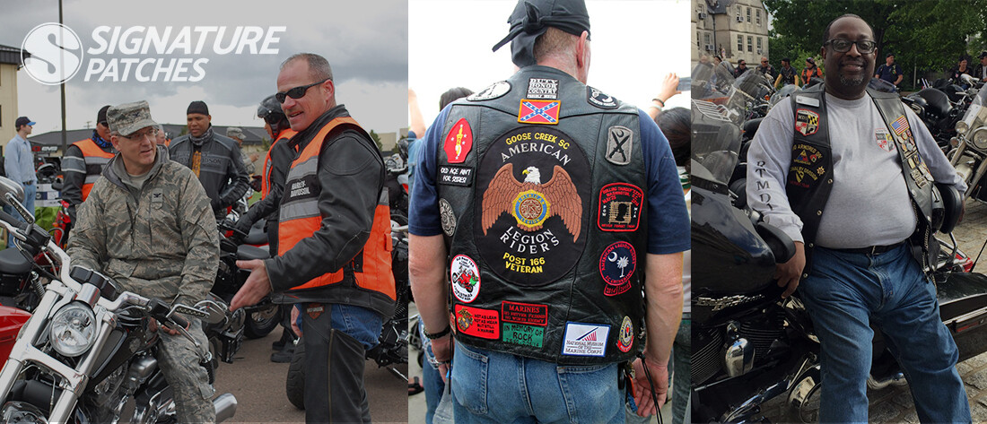 Custom biker patches with club logos and riding group emblems