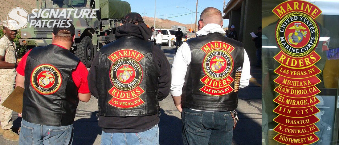 Marine veteran motorcycle club patches with military themes