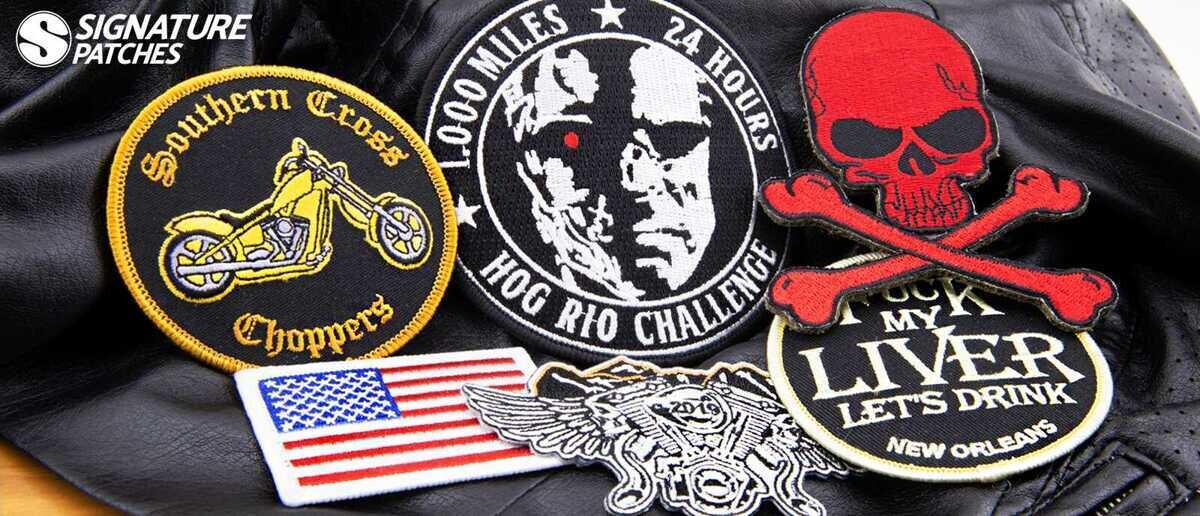 Custom motorcycle club patches with detailed embroidery and biker designs