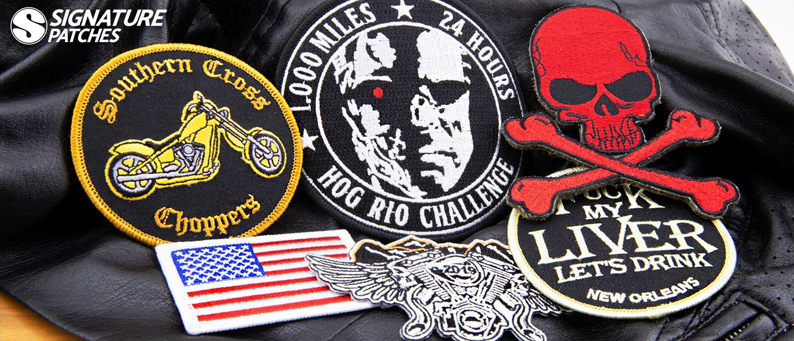 Custom motorcycle club patches with detailed embroidery and biker designs