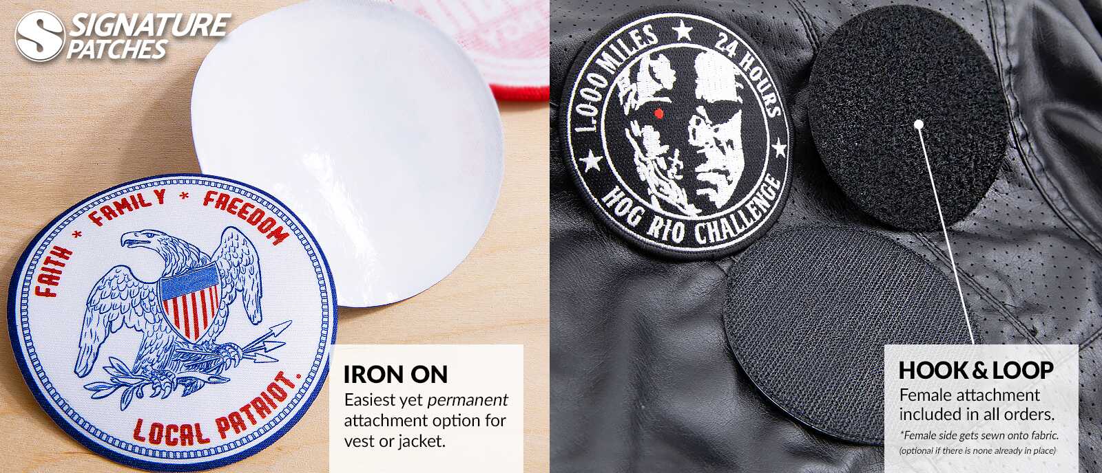 Embroidered and leather motorcycle jacket patches for riding clubs