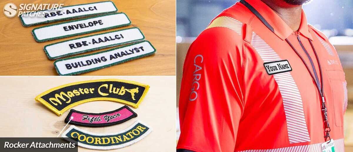 Employee name patches with blank rocker space for custom name embroidery