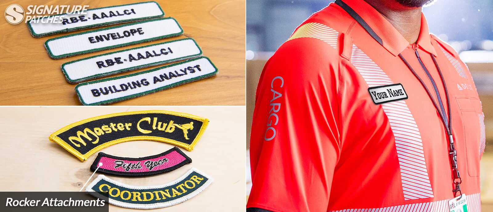 Employee name patches with blank rocker space for custom name embroidery