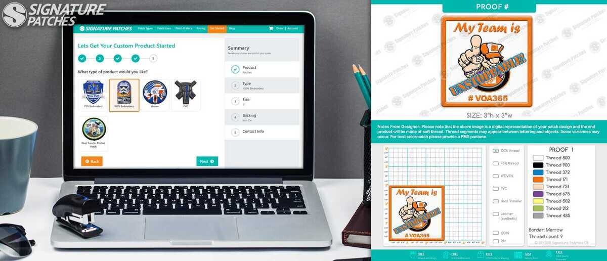 Uniform patch design proof showing artwork development and customization options