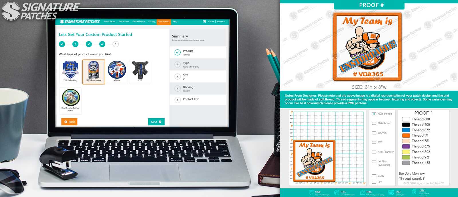 Uniform patch design proof showing artwork development and customization options