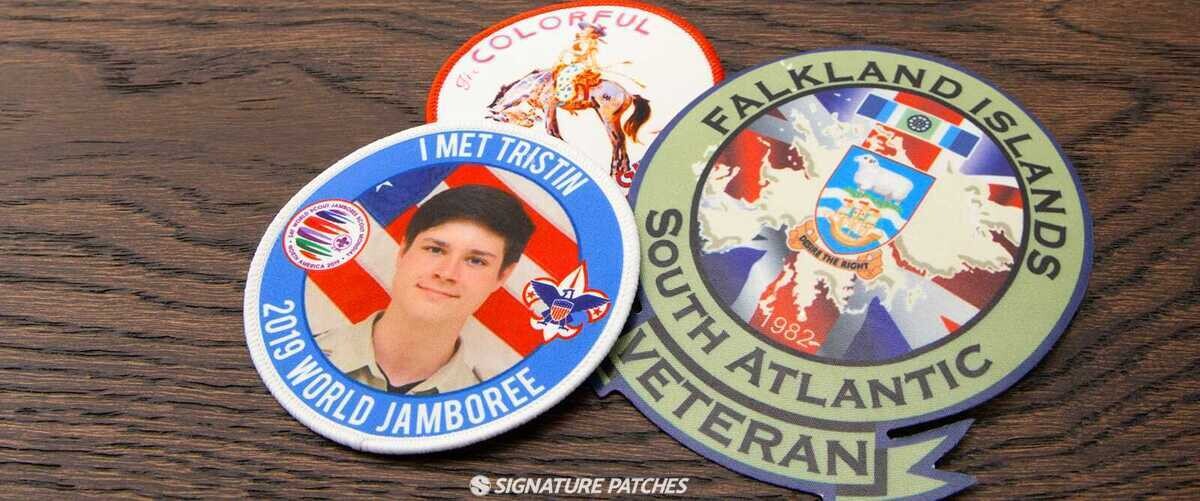 Custom photo patches showing dye sublimation process with realistic portrait and landscape designs