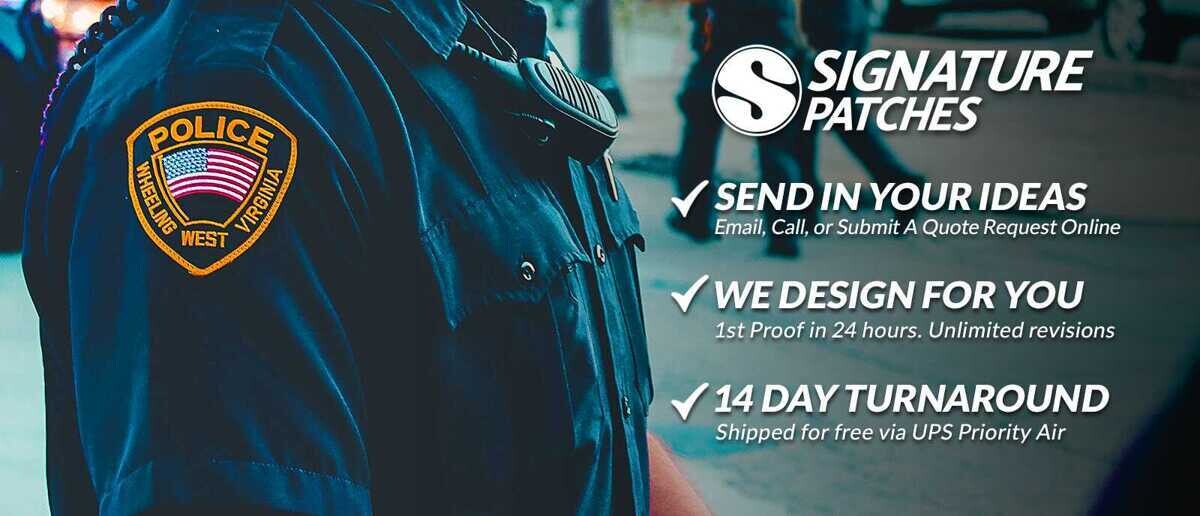 Police officer wearing Wheeling West Virginia patch with Signature Patches ordering process