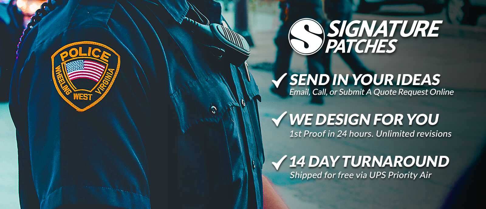 Police officer wearing Wheeling West Virginia patch with Signature Patches ordering process