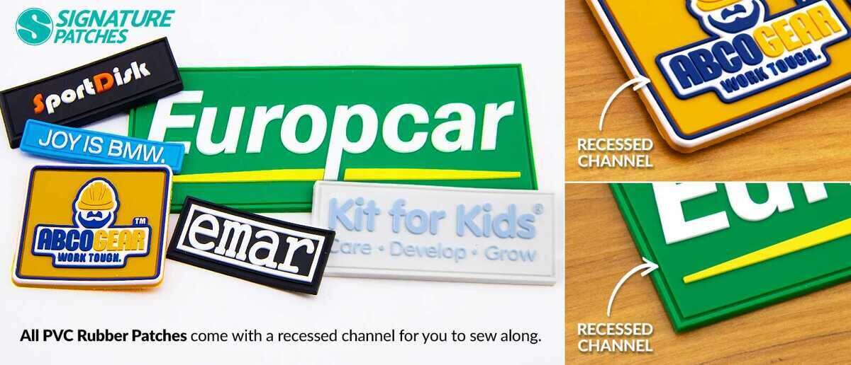Custom PVC patches featuring company logos including Europcar, SportDisk, and ABCO Gear, with close-up showing recessed sewing channel