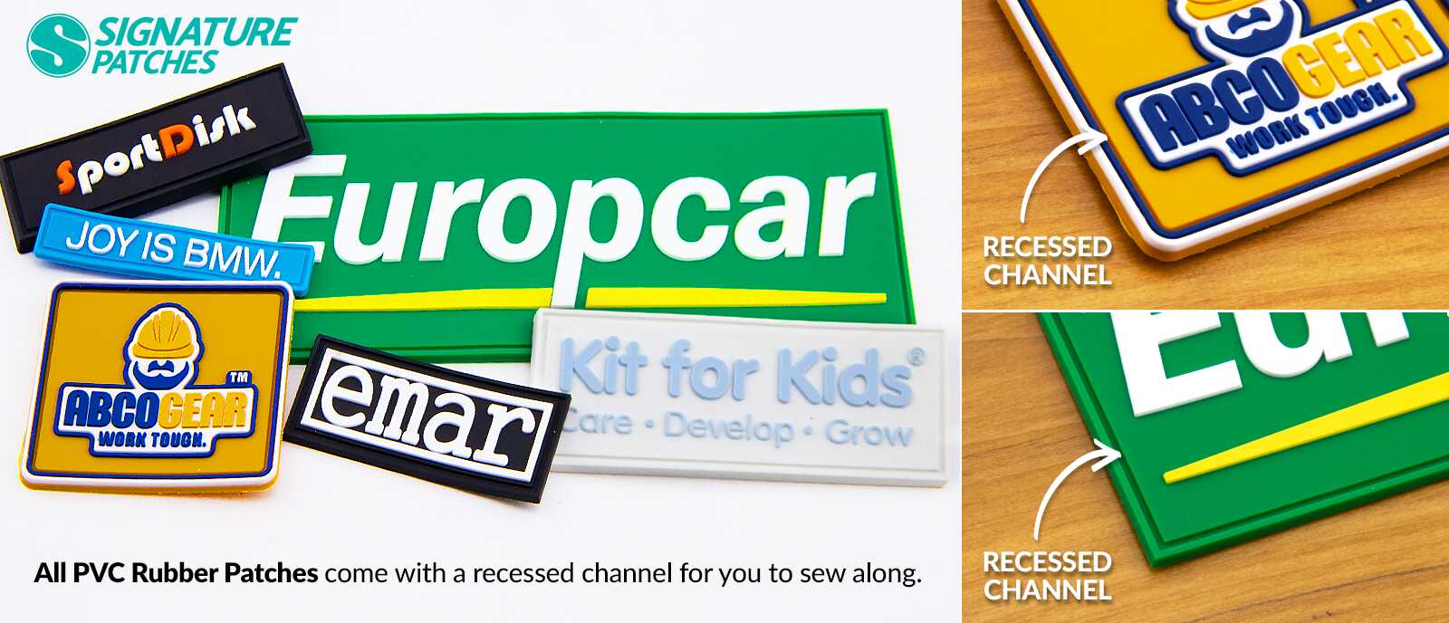 Custom PVC patches featuring company logos including Europcar, SportDisk, and ABCO Gear, with close-up showing recessed sewing channel