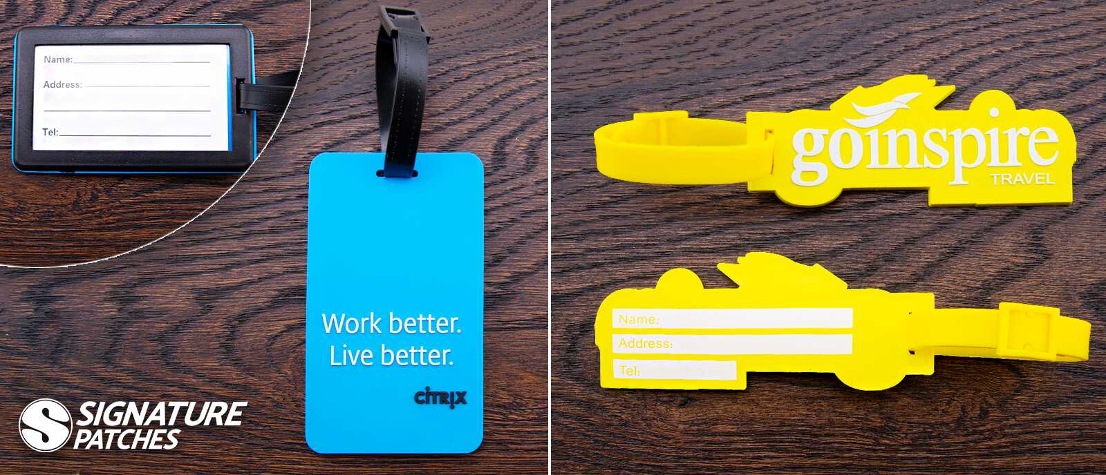 Custom PVC luggage tags with company branding including Citrix and Go Inspire Travel