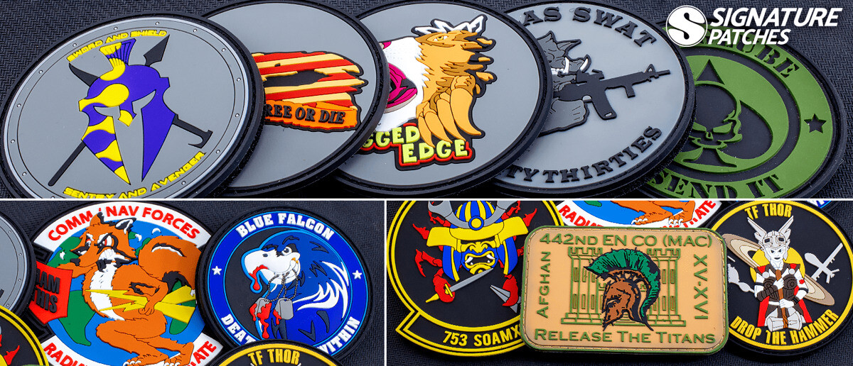 Custom PVC military unit patches featuring colorful mascot and squadron designs