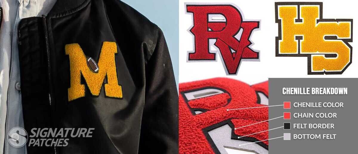 Chenille varsity letter patches including M on letterman jacket with construction breakdown diagram
