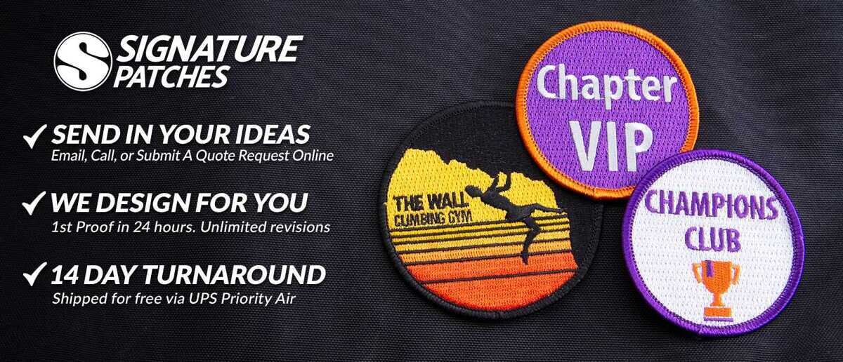Round patches including Chapter VIP, climbing gym, and Champions Club designs