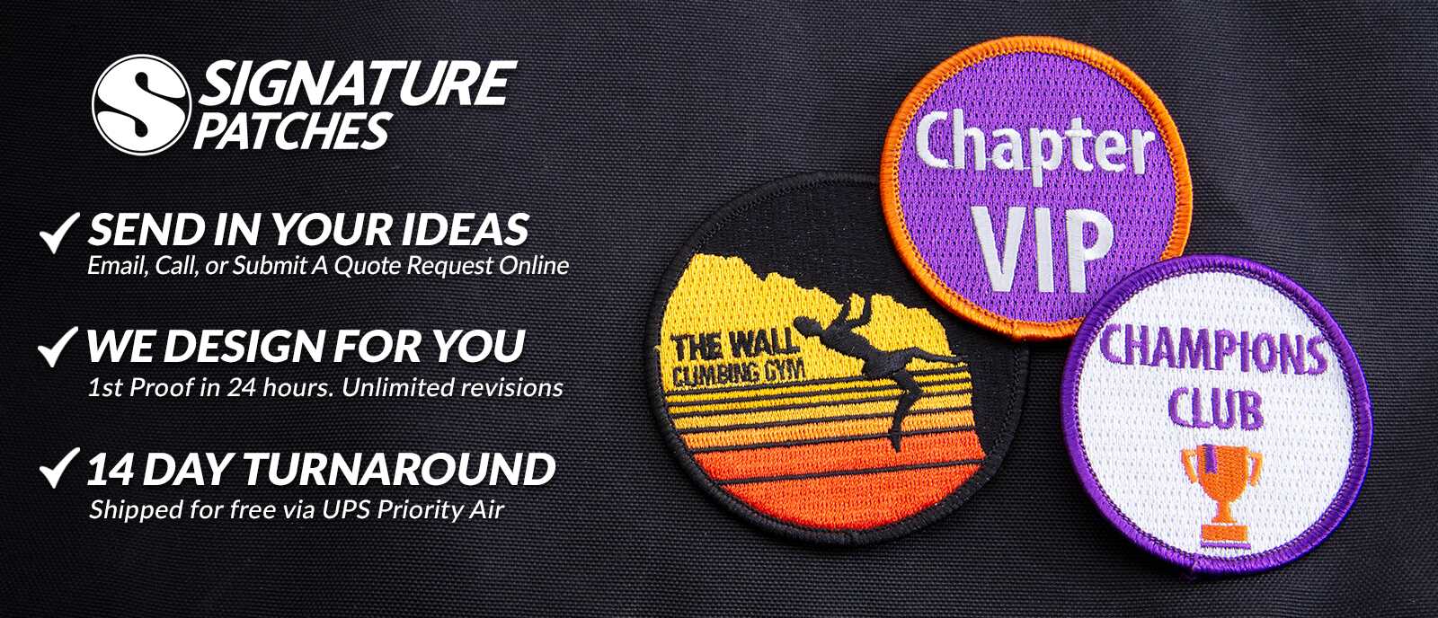 Round patches including Chapter VIP, climbing gym, and Champions Club designs