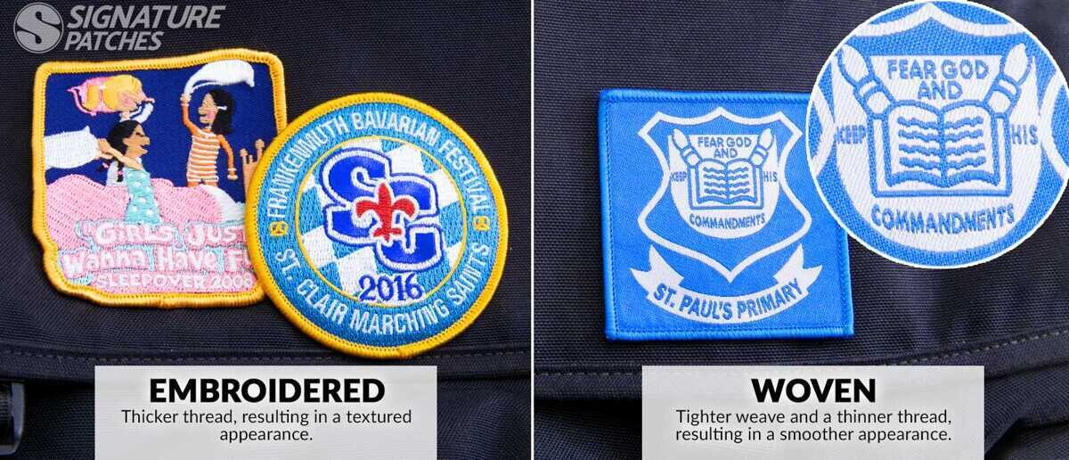 Embroidered versus woven school patches showing texture differences