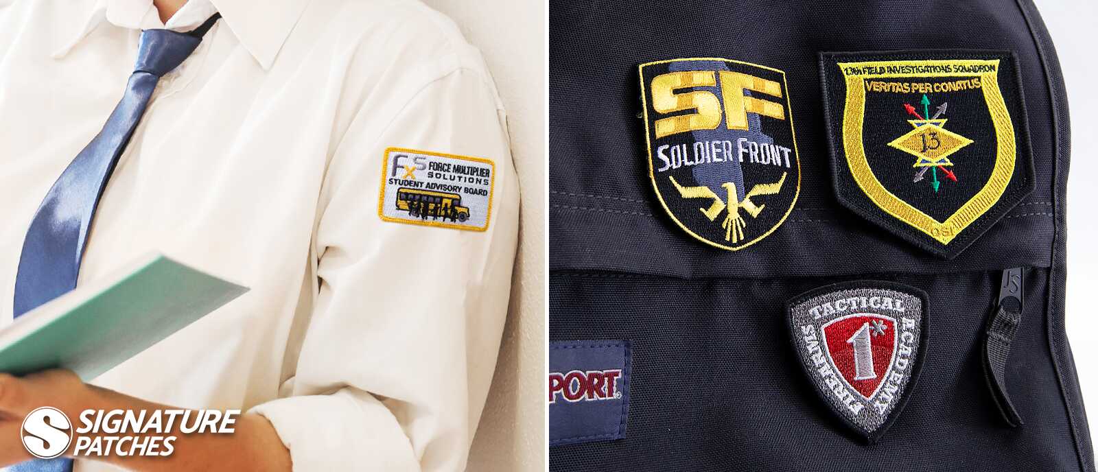 Student wearing school uniform patch and backpack with various embroidered patches