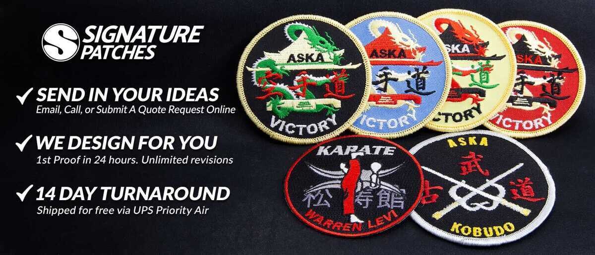Martial arts and karate sports patches with school emblems and rank designs