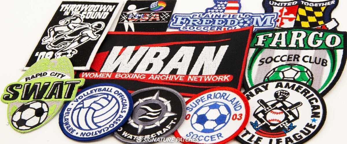 Collection of sports team patches for various sports and age groups