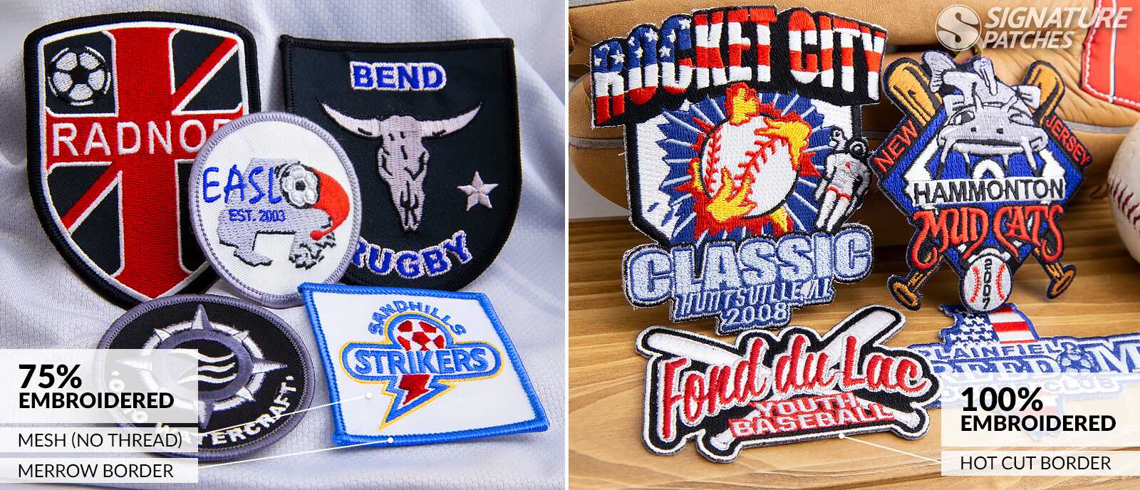 Custom sports patches for soccer and baseball teams with team logos and mascots